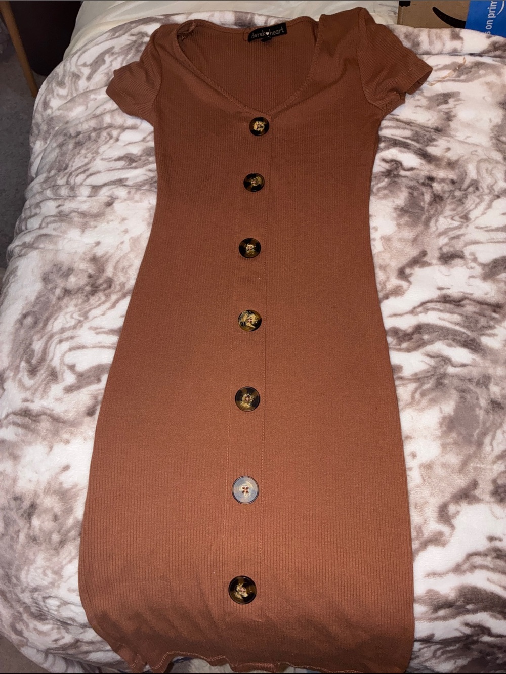 Rust Brown Ribbed Button-Front Mini Dress